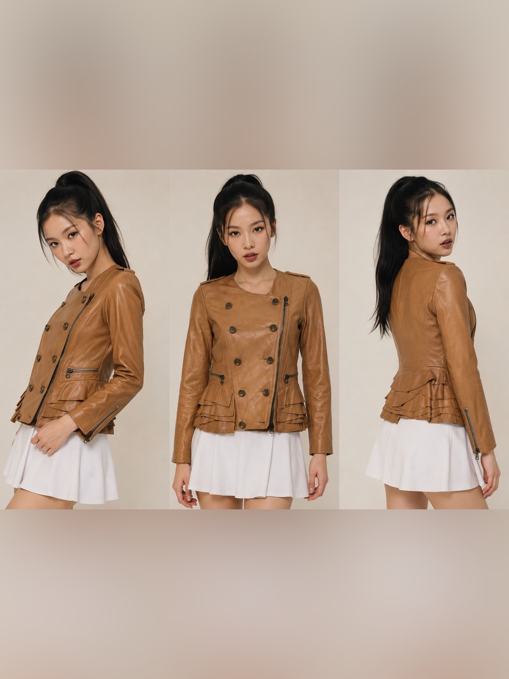 3.1 Phillip Lim Rich Tan Leather Double-Breasted Peplum Jacket XS